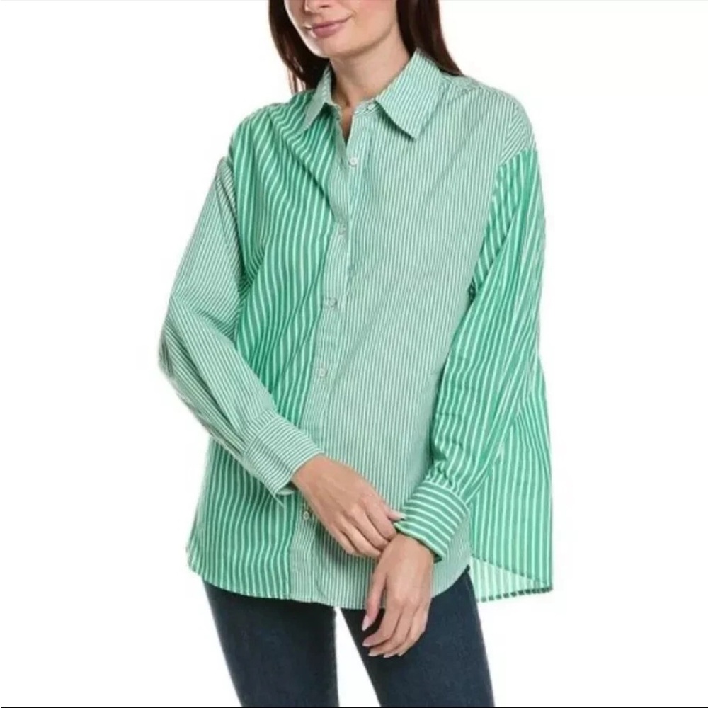 CAbi Green and White Striped Button-Down Shirt